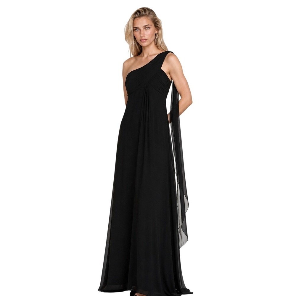 Alex Evenings Maxi Evening Dress Women's Size 14 Black One Shoulder Draped Mesh